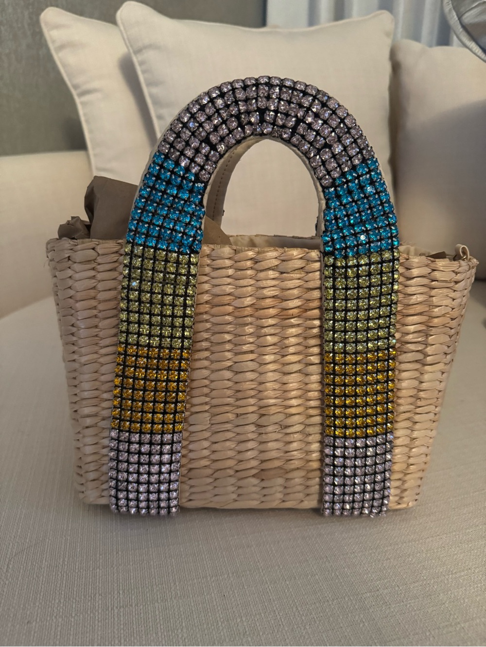 Woven Straw Tote with Multicolor Crystal Handles